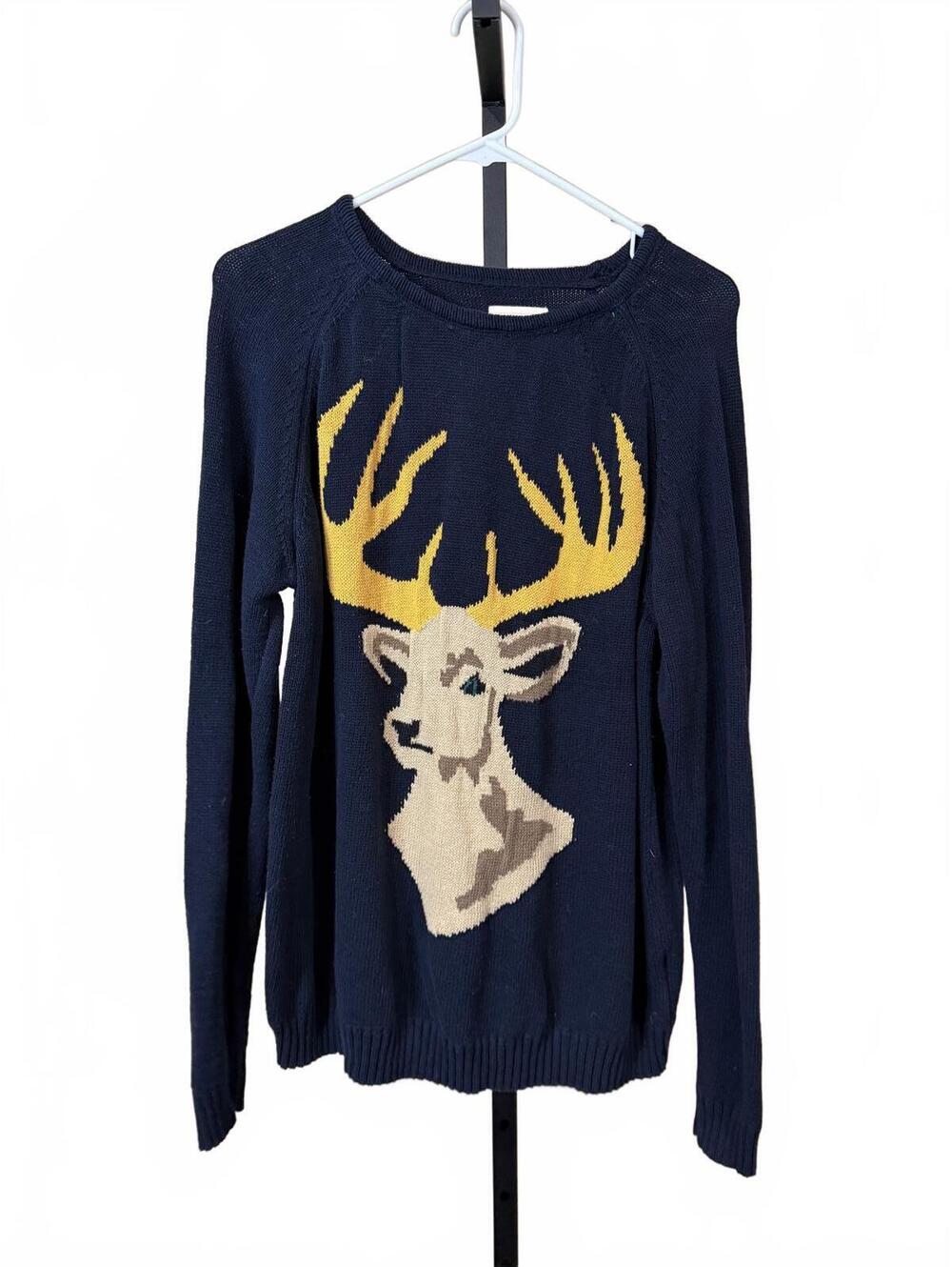 Roebuck & Co Large Navy Blue Men's Sweater with Yellow Antler Deer Design